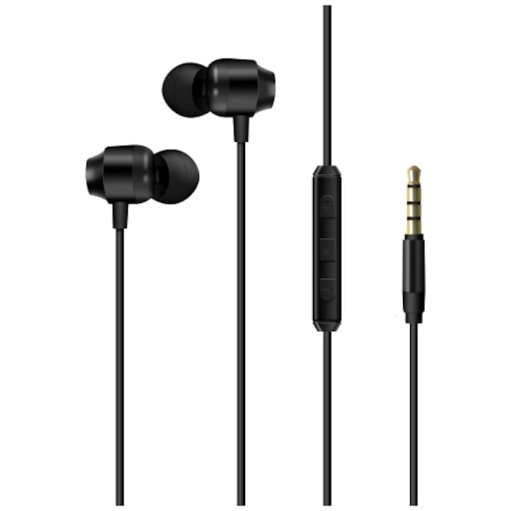 Casti Energizer cu fir si microfon metalice, 3,5mm, Negru