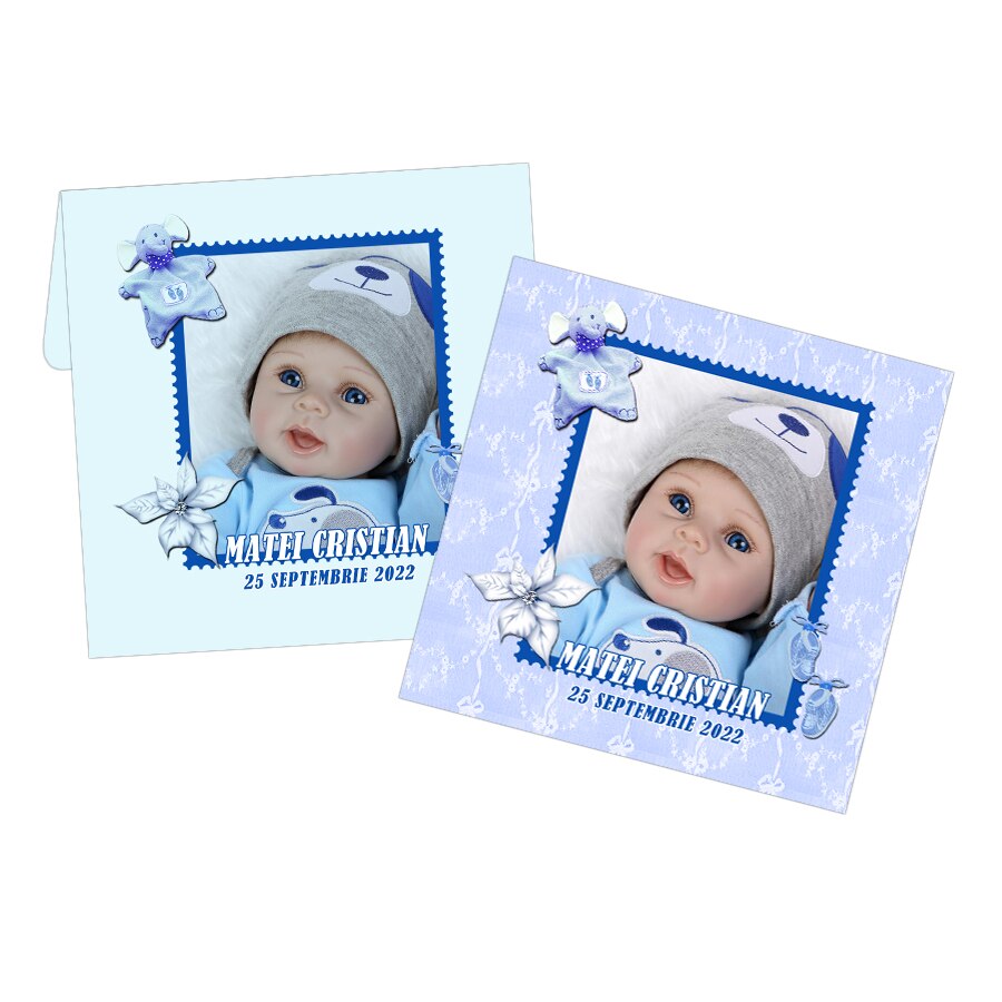 Invitatie bleu pentru botez, personalizata cu text si fotografia bebelusului, dimensiune 18×9 cm
