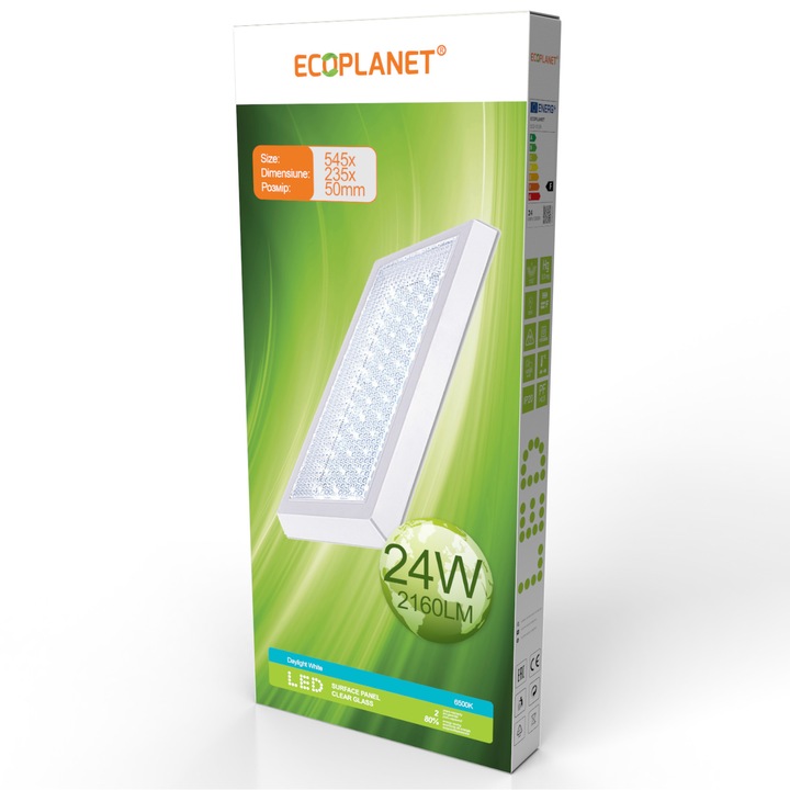 Plafoniera LED aplicata, Ecoplanet, 545x235mm, 24W, 2160LM, lumina rece 6500k, sticla transparenta, alb