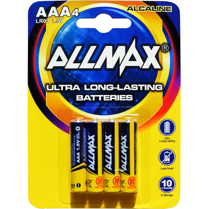 Alkáli elemek, ALLMAX, Ultra tartós, AAA, LR03, AM4, Buborékfólia 4 db