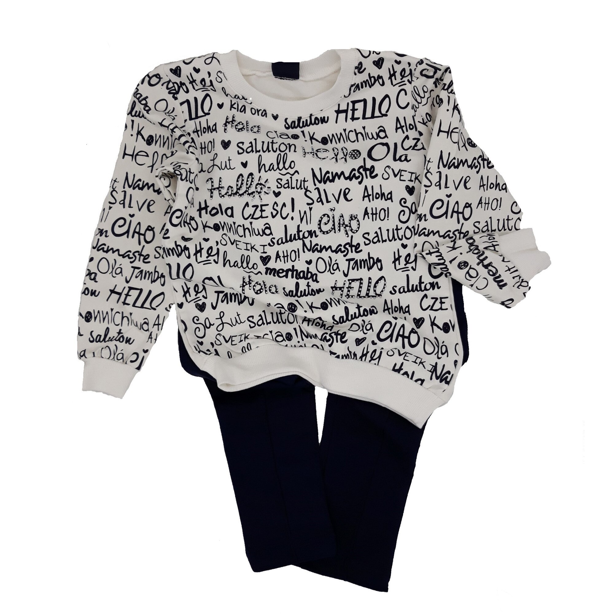 Compleu fetite, din bumbac, alb/bleumarin, 4 ani, 104 cm