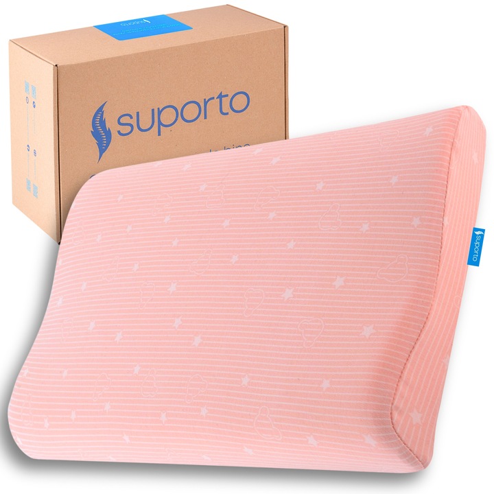Memóriahabos gyerek párna, Suporto, rózsaszín antiallergén pamut párnahuzattal, ergonomikus anatómiai forma pihentető alvás érdekében, 2 éves kortól ajánlott, 45-25-5/7 cm