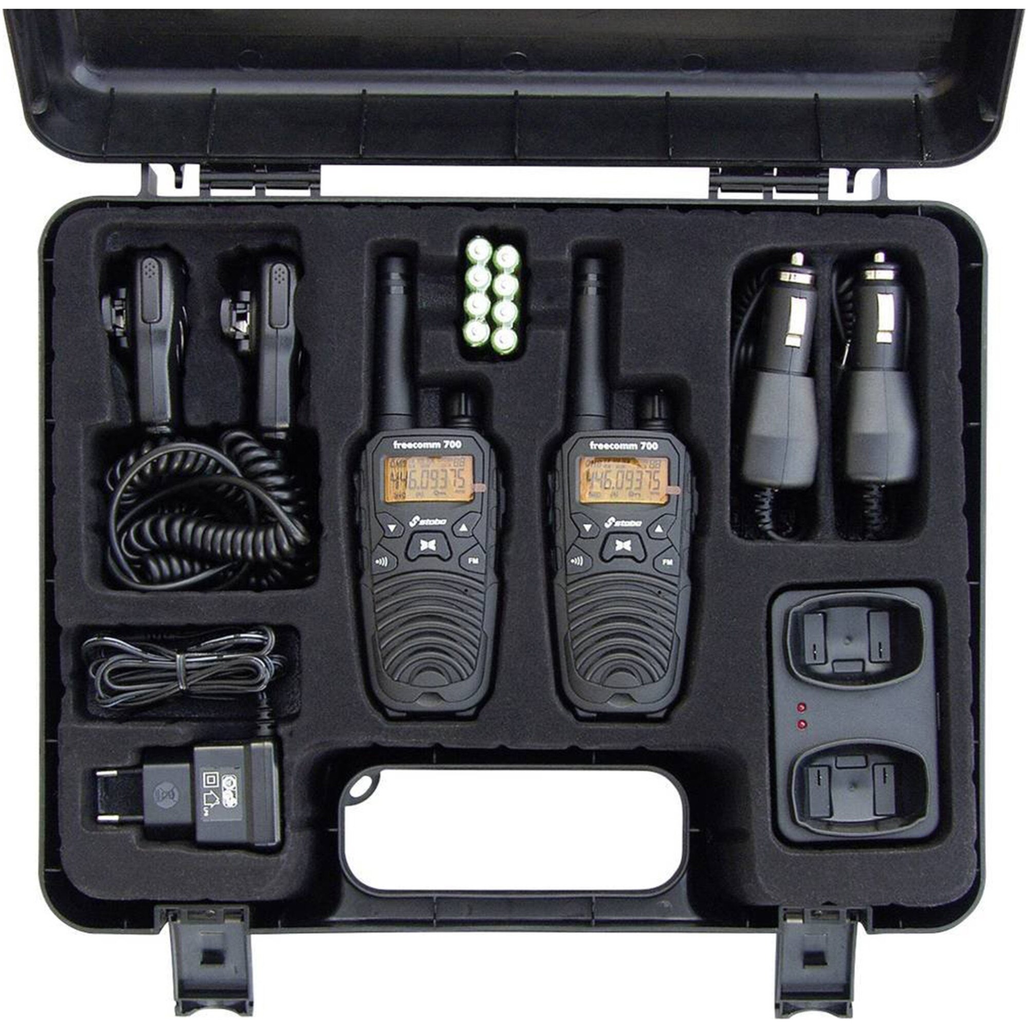 Statie radio PMR portabila Stabo Freecomm 700 Box 8CH VOX Radio FM 0.5W IPX2 600mAh set cu 2bc 20701