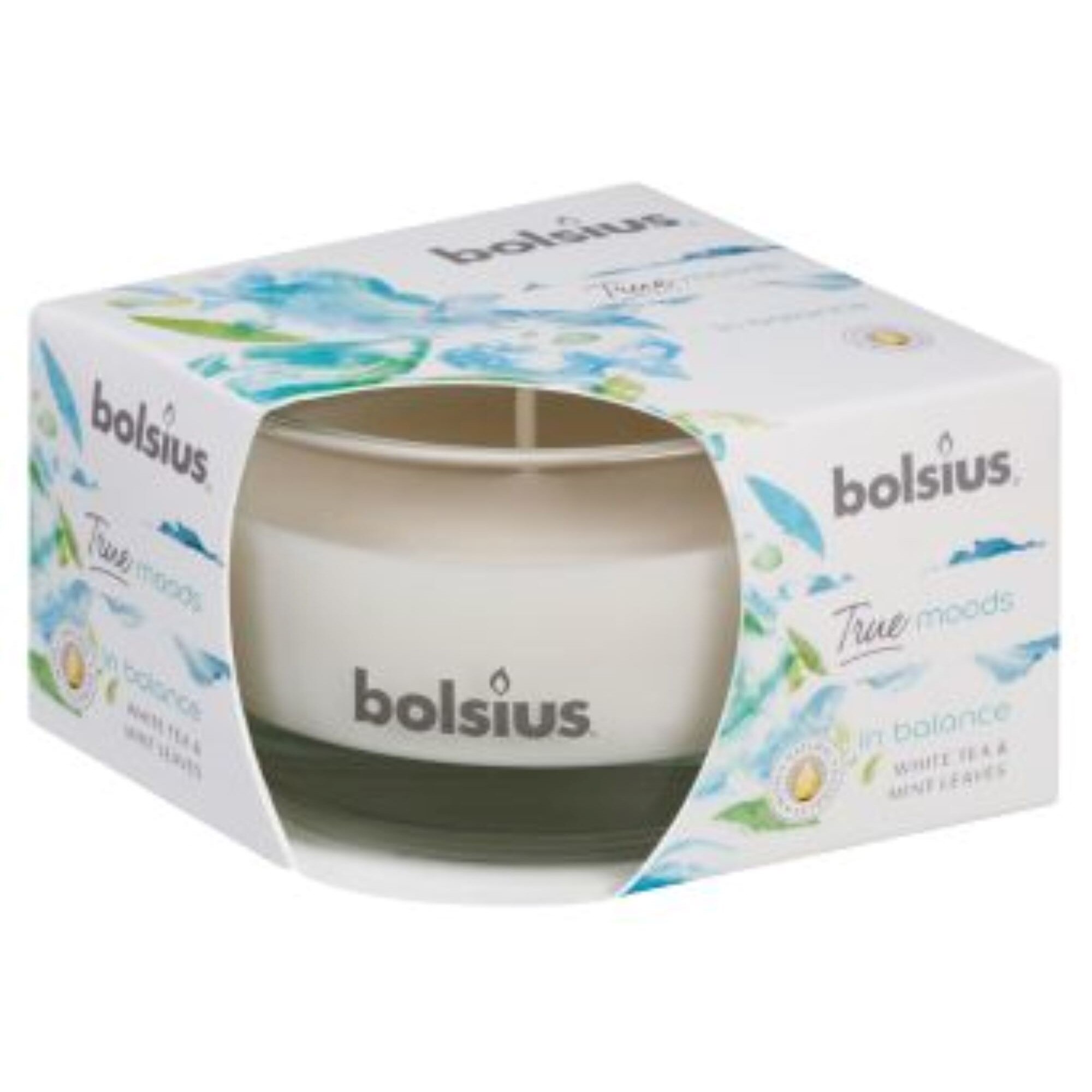 Lumanare parfumata Bolsius in pahar mediu - In Balance - Cear Alb si Menta