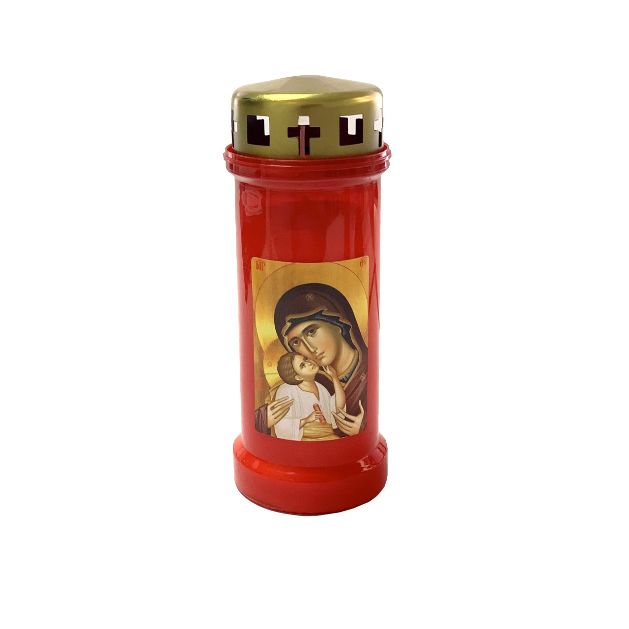 Candela din plastic Bolsius Nr. 6 cu capac Maica Domnului Auriu culoare rosie (bax de 24 buc.)