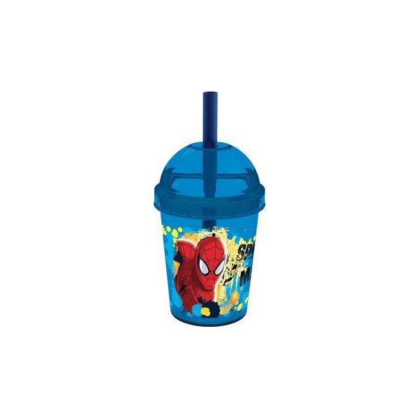 Pahar, Disney, Spiderman, cu pai, albastru, 300ml