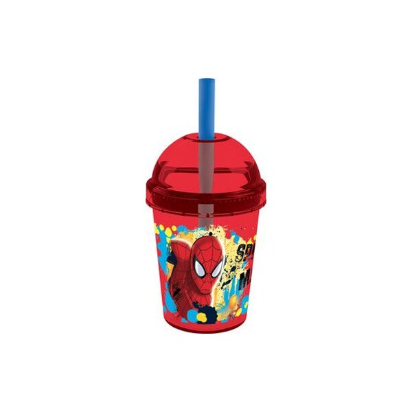 Pahar, Disney, Spiderman, cu pai, rosu, 300ml