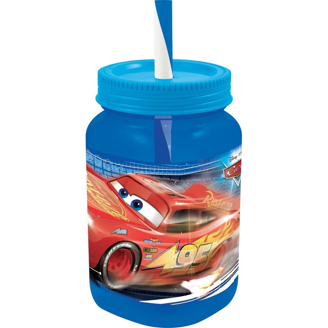 Pahar borcan, Disney, Cars, albastru, cu pai, 500ml