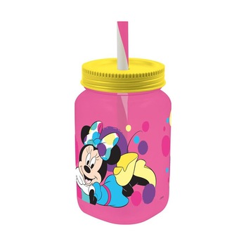 Pahar borcan, Disney, Minnie, roz, cu pai, 500ml Pahar borcan, Disney, Minnie, roz, cu pai, 500ml