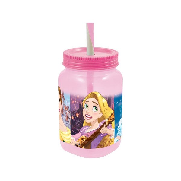Pahar borcan, Disney, Princess, roz, cu pai, 500ml