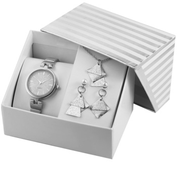 Set cadou Excellanc, ceas dama cu o pereche de cercei si lantisor cu pandantiv, Argintiu SET79 Set cadou Excellanc, ceas dama cu o pereche de cercei si lantisor cu pandantiv, Argintiu SET79