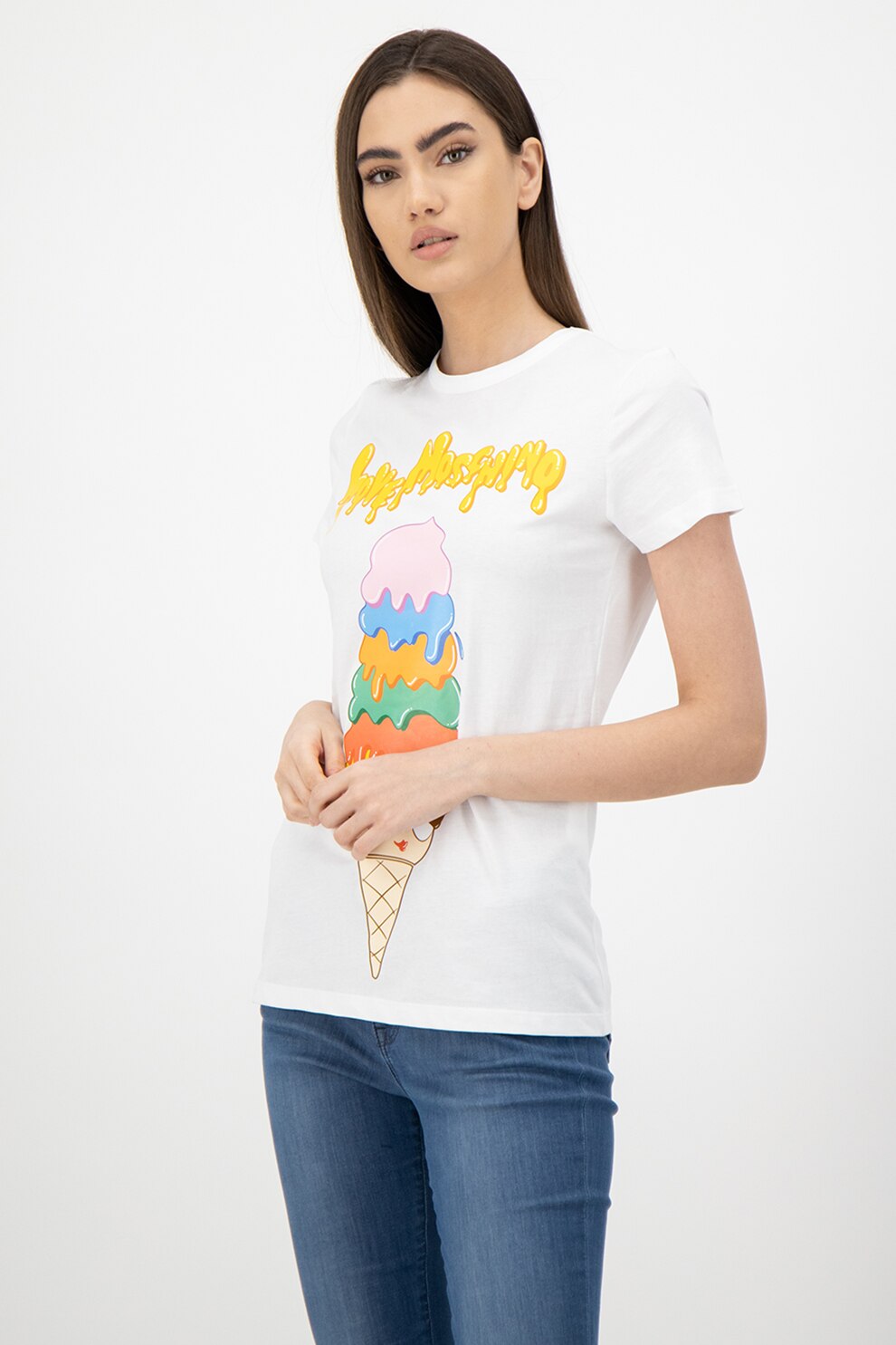 Love Moschino, Tricou cu decolteu la baza gatului si imprimeu grafic si logo, Alb, L