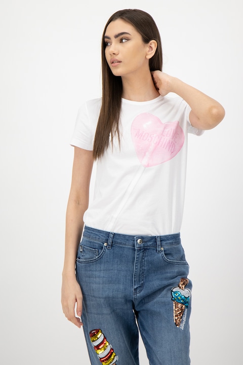 Love Moschino, Тениска с овално деколте и щампа, Бял/Розов