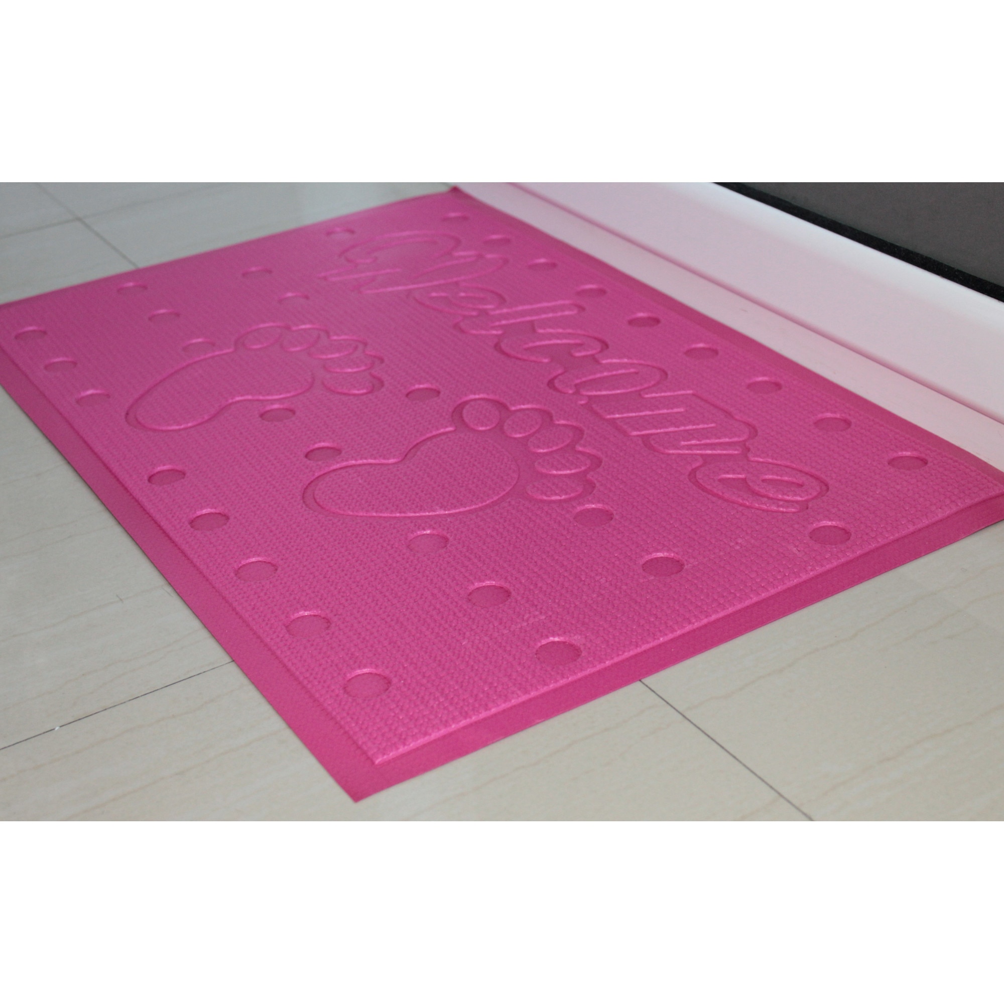 Covoras intrare, antiderapant, 60x40cm, poliester, model welcome ,culoare siclam