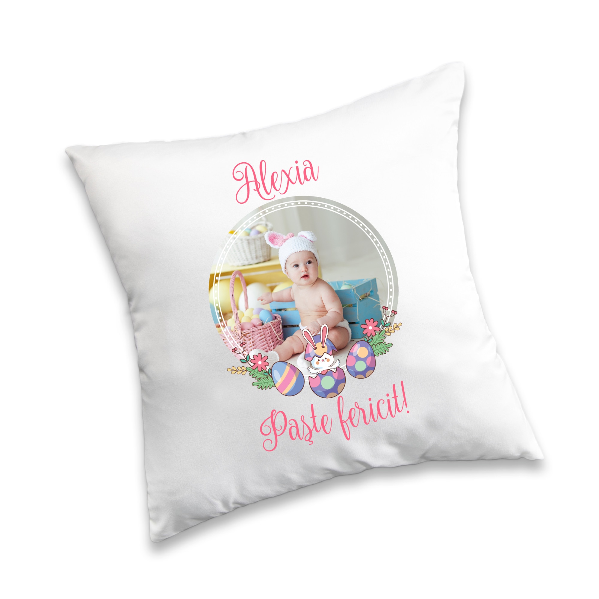 Perna patrata alba, 40x40 cm pentru Paste personalizata cu poza si nume