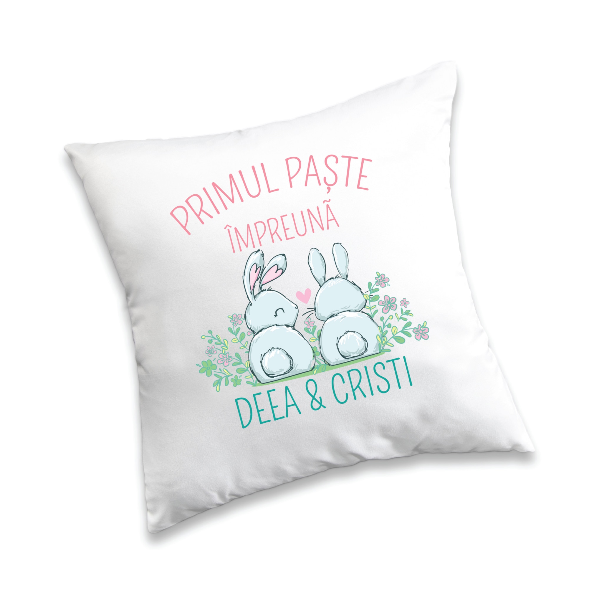 Perna patrata alba, 40x40 cm personalizata cu nume 