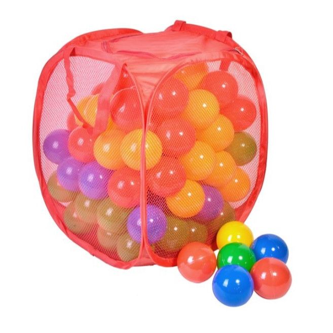 Set pentru locul de joaca 100 de bile multicolore, pentru copii , intr-un sac rosu transpart, + 2 ani