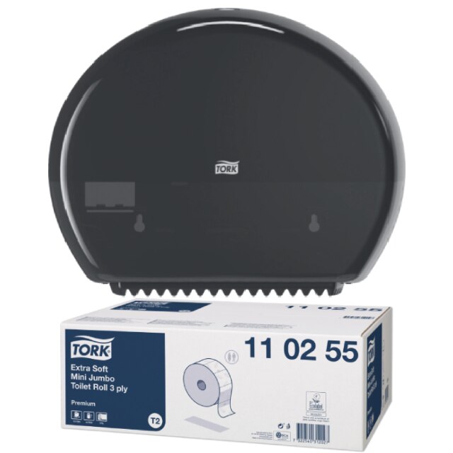 Pachet 12xHartie igienica Tork Extra Soft Mini Jumbo Premium, T2, 110255, 3 straturi, culoarea alb si Dozator hartie igienica Tork mini, T2, 555008, culoare negru