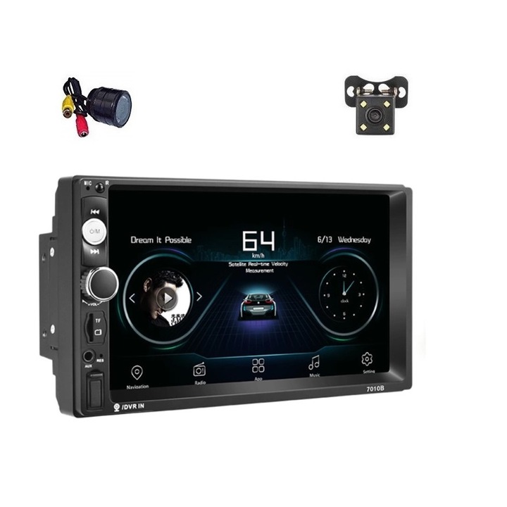 Pachet Navigatie auto cu camera marsalier patrata si camera fata incastrabila, Rtm Online, Android, Bluetooth, 4 x 60 W, Format 2 din, 7 Inch, Mirrorlink