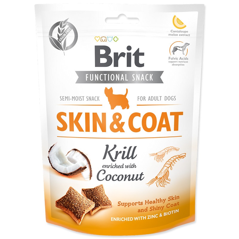 Recompensa semi-umeda pentru caini, Brit Care Dog Snack Skin and Coat krill, cu cocos, 6 x 150gr