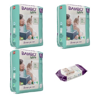 Set 3 pachete, Scutece Ecologice Bambo Nature Nr. 6 (16+ kg), 60 bucati si servetele umede BAMBO Nature, 80 buc Set 3 pachete, Scutece Ecologice Bambo Nature Nr. 6 (16+ kg), 60 bucati si servetele umede BAMBO Nature, 80 buc