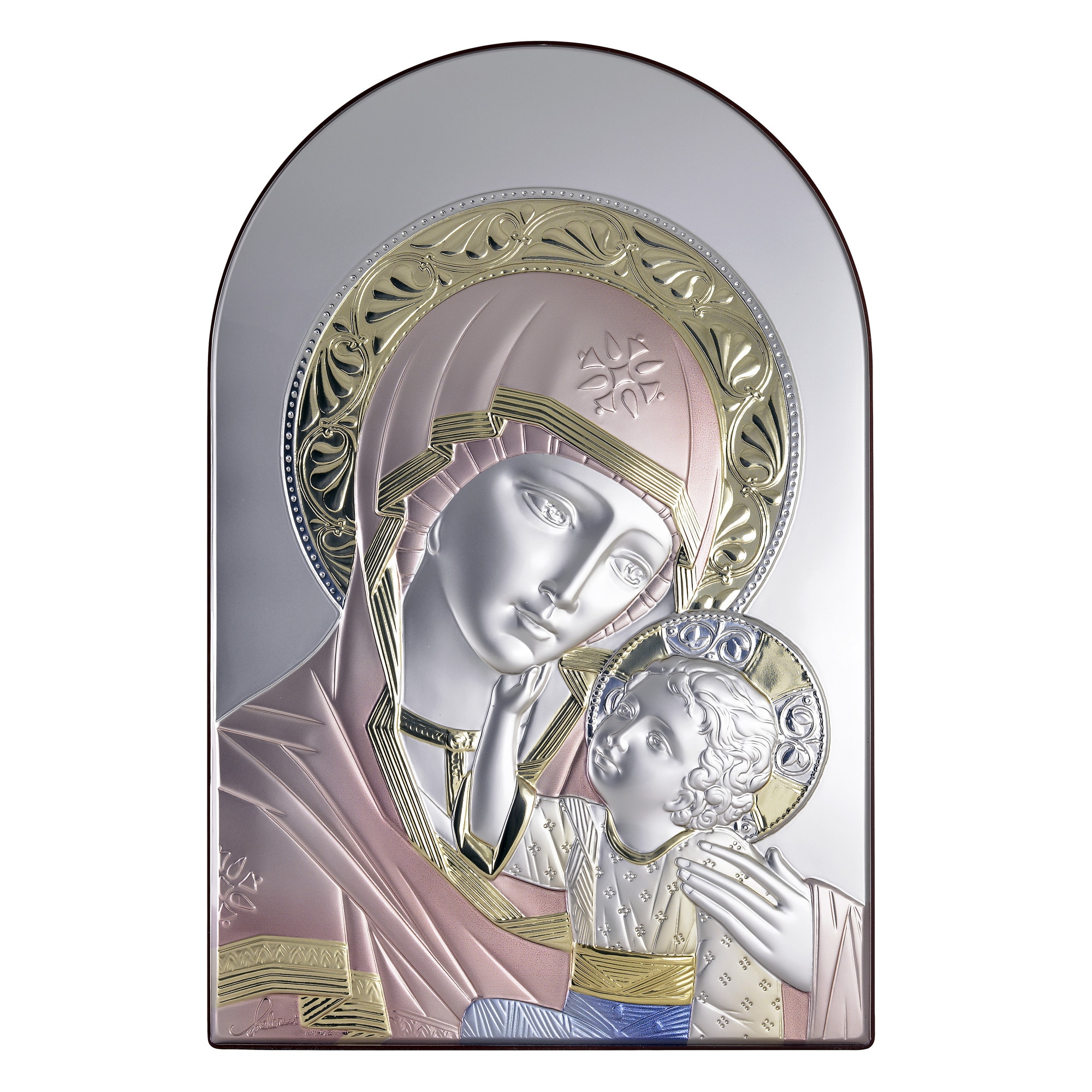 Icoana placata cu argint, pictata manual - Maria cu pruncul - Ortodox, finisaj lemn alun, arcada, 20x13 cm, 4/5