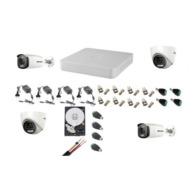 Kit supraveghere profesional mixt Hikvision Color Vu 4 camere 5MP IR40m si IR20m, full accesorii si HDD 1TB