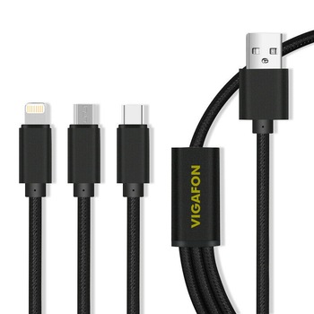 Cablu 3 in 1 VIGAFON, Quick Charge, MicroUSB plus Lighthing 8-pin si USB Type C, Black Cablu 3 in 1 VIGAFON, Quick Charge, MicroUSB plus Lighthing 8-pin si USB Type C, Black