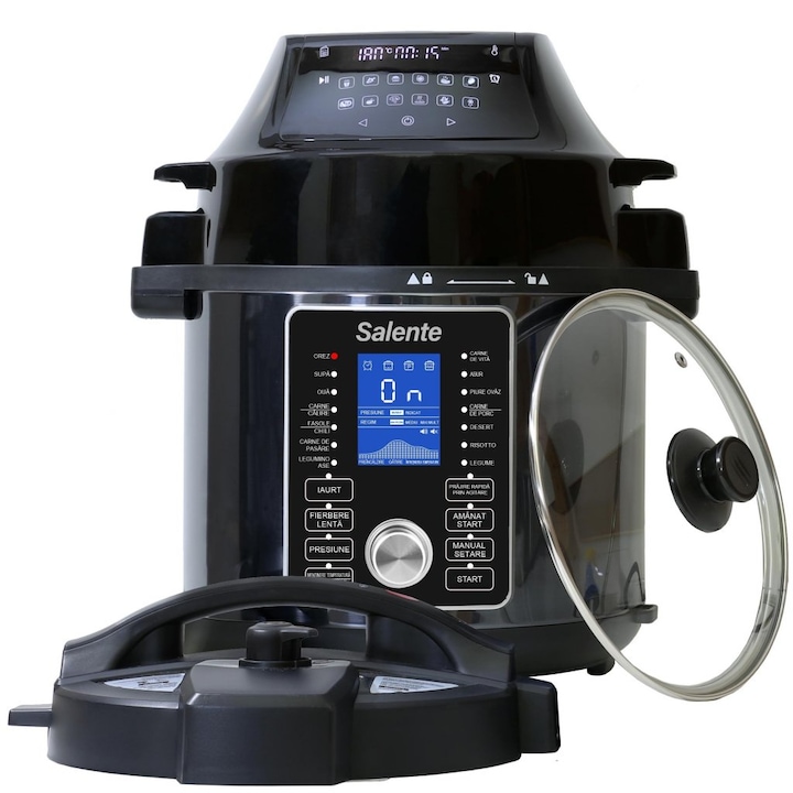 MultiCooker Salente Ario - Cuptor cu aer cald - capac, 1500 W, 6 l, Gatire sub presiune, Control digital, 42 programe, 11 moduri de gatire, Timer, Fierberea felului principal simultan cu garnitura, GS certification