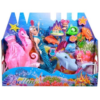 Set 3 Papusi Sirena cu rochie , pesti , cal de mare si alte accesorii pentru mediul marin, pentru fete, ATS, 12 piese Set 3 Papusi Sirena cu rochie , pesti , cal de mare si alte accesorii pentru mediul marin, pentru fete, ATS, 12 piese