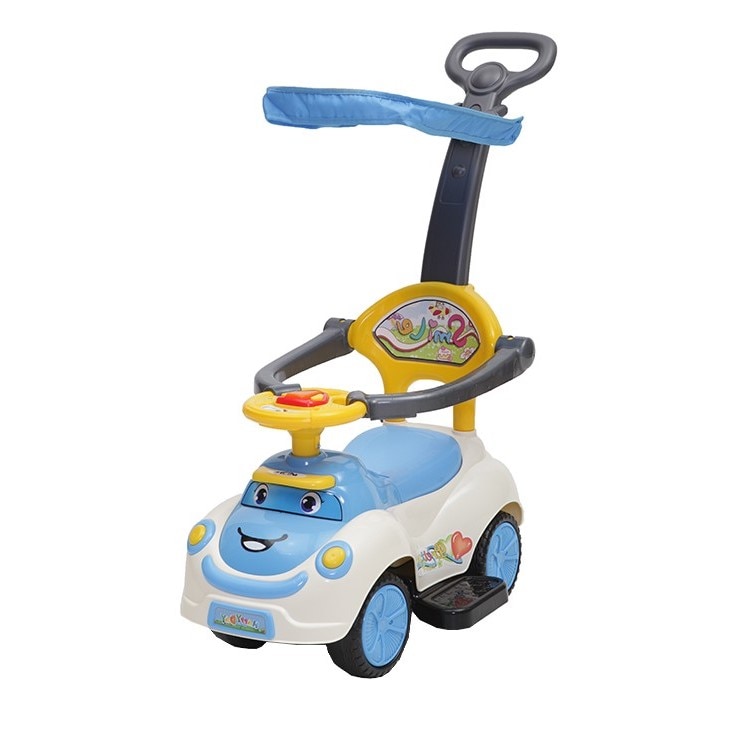 Masinuta copii si bebe NOVOKIDS™ Cartoon Smile , Cu melodii si lumini, Maner de impins pentru parinti detasabil, copertina de protectie detasabila, Functie trotineta fara pedale, Pentru interior si exterior, Albastru