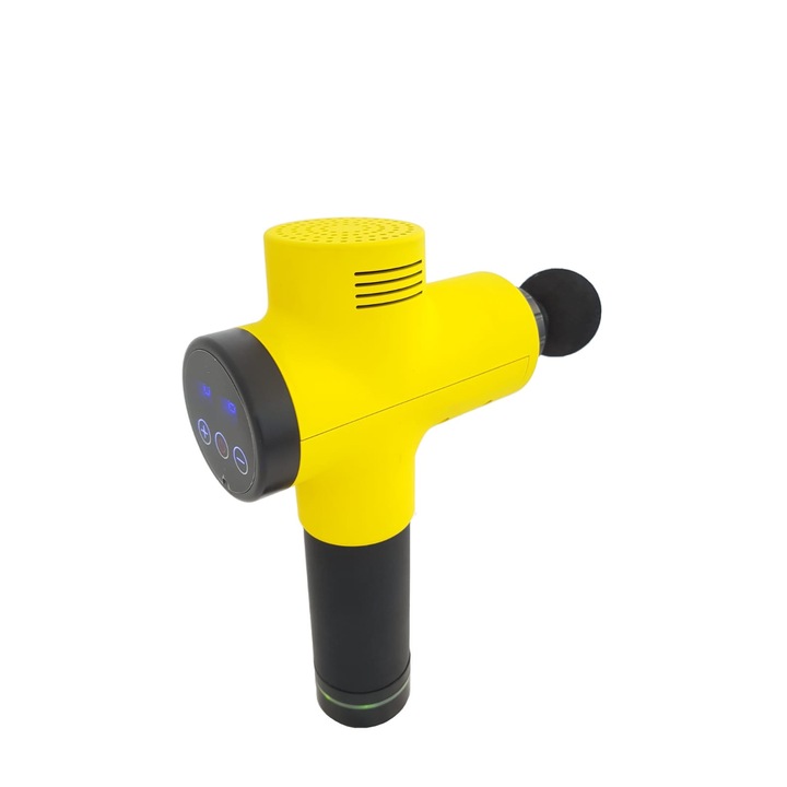 Дълбокотъканен масажор, за тренировка, облекчаване на болка и тонизиране на тялото, с 4 включени накрайника, 20 скорости, дигитален дисплей, жълт