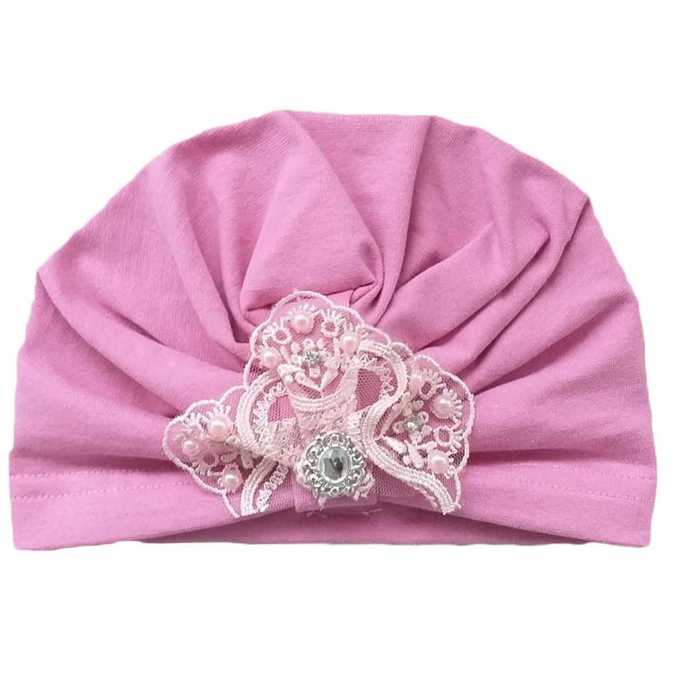 Turban Mic Pitic T103NN din bumbac cu decor dantela si camee argintie, Rose