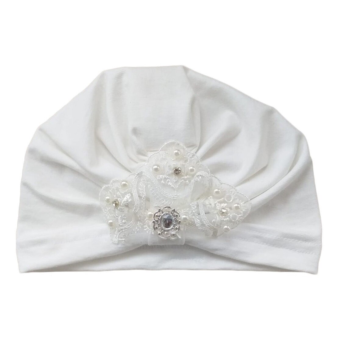 Turban Mic Pitic T103NN din bumbac cu decor dantela si camee argintie, Ecru