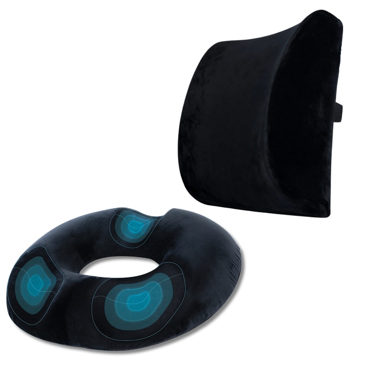 Set Perne Ortopedice | Perna lombara Suporto si Perna sezut Suporto®️ Donut din spuma cu memorie| Culoare Negru