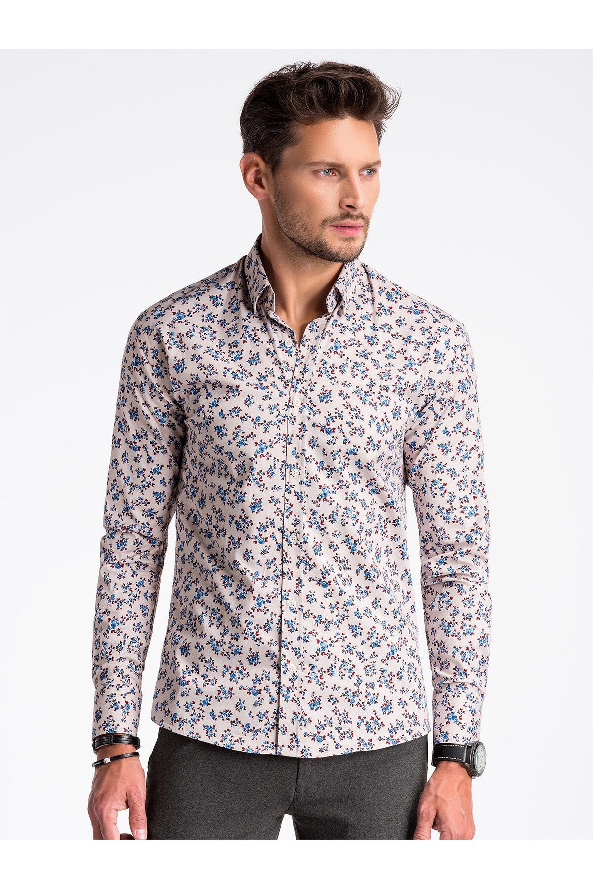 Camasa slim fit premium barbati K501 - bej-rosu, Bej, 40