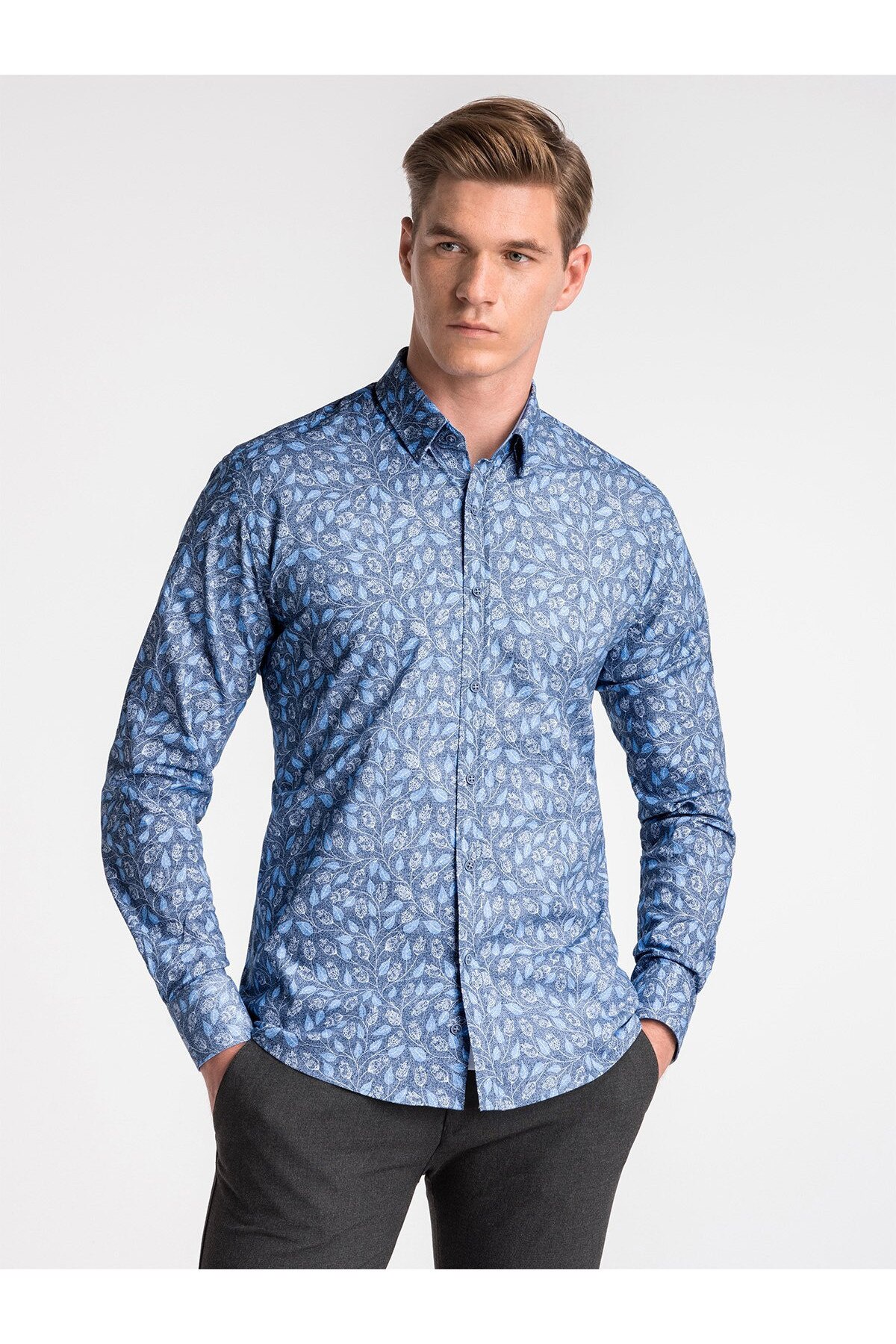 Camasa slim fit premium barbati K500 - bleumarin-albastru, Bleumarin, 44