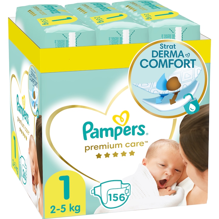 Scutece Pampers Premium Care XXL Box Nou Nascut, Marimea 1, 2-5 kg, 156 buc