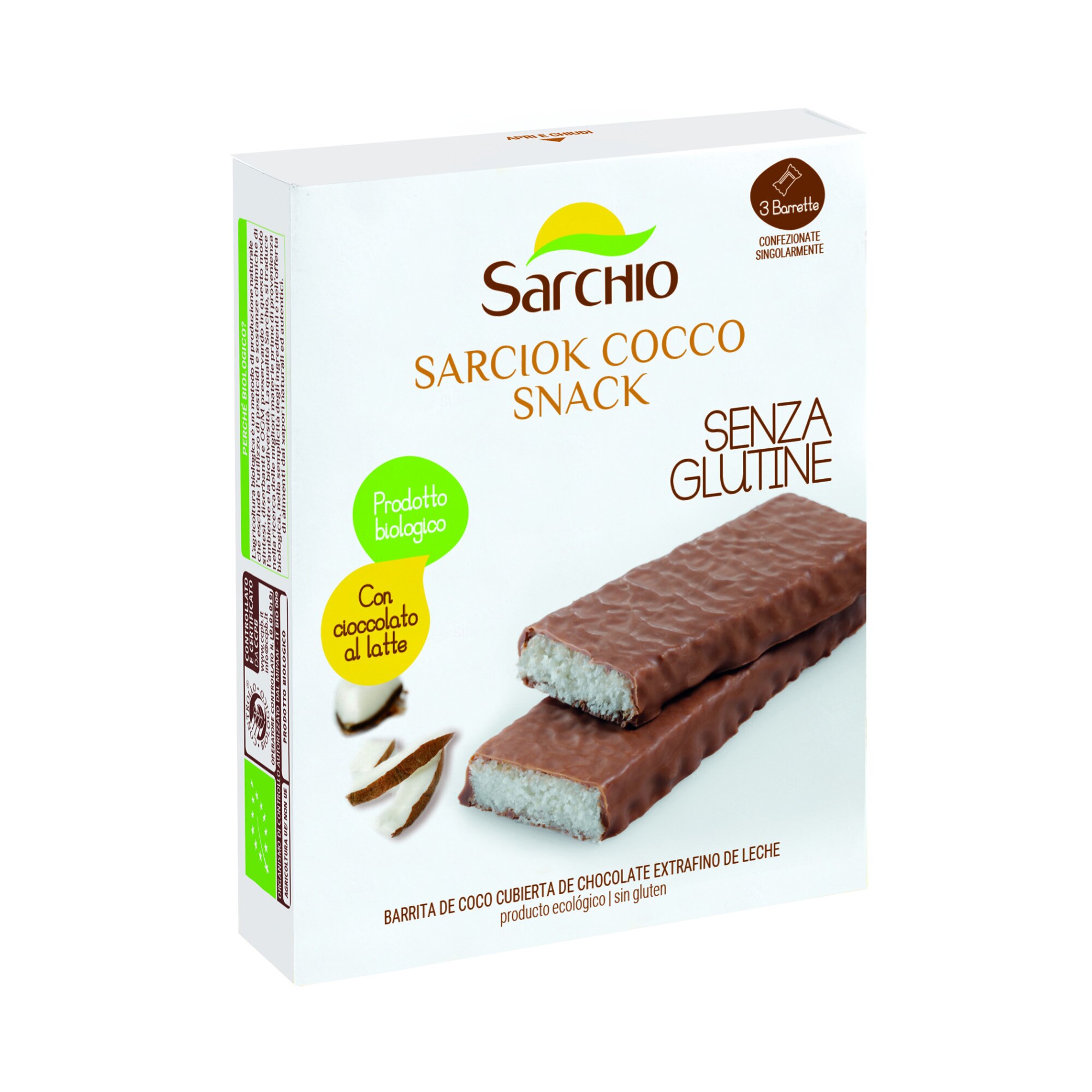 Batoane de cocos invelite in ciocolata, Sarchio, Bio, fara gluten, 3x30 g
