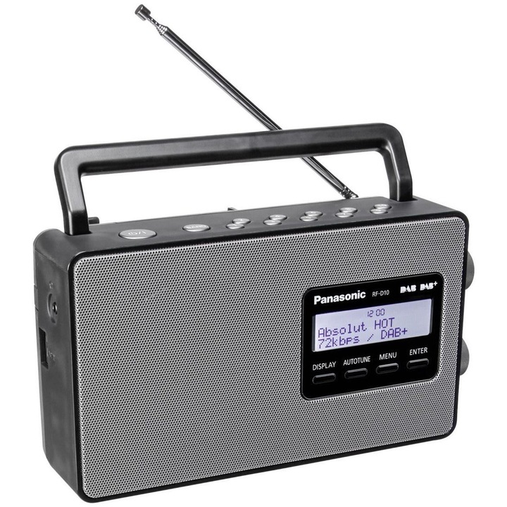 Radio Panasonic RF-D10EG-K, digital, DAB+, functie Wake-up, timer, ecran LC, argintiu/negru