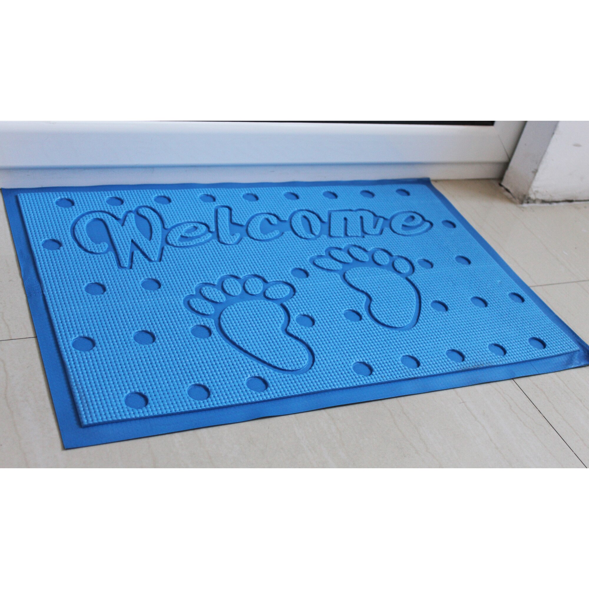 Covoras intrare , antiderapant, 60x40cm, poliester, model welcome ,culoare albastru