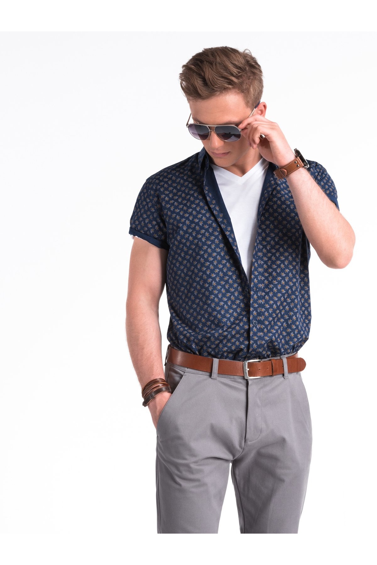 Camasa cu maneca scurta slim fit barbati K473 - bleumarin-maro, Bleumarin, 44