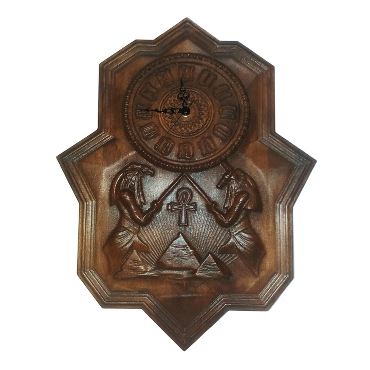Ceas de perete sculptat, Egypt, Knd Began, lemn, maro, 50x39x3.5 cm