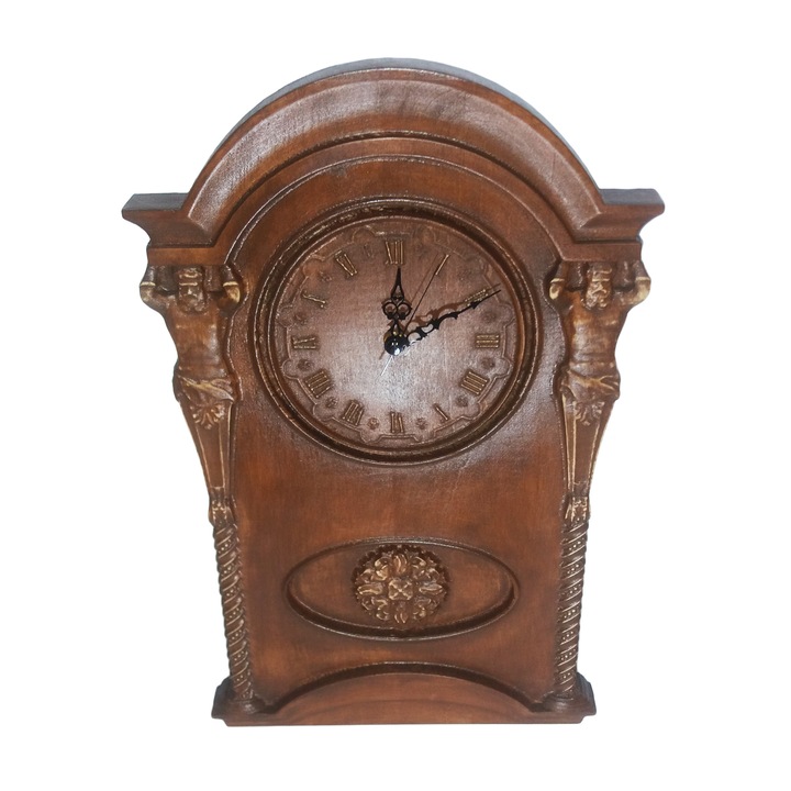 Ceas de perete sculptat, Temple, Knd Began, lemn, maro, 50x32x3.5 cm