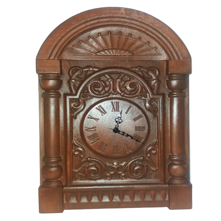 Ceas de perete sculptat, Temple II, Knd Began, lemn, maro, 47x36x3.5 cm