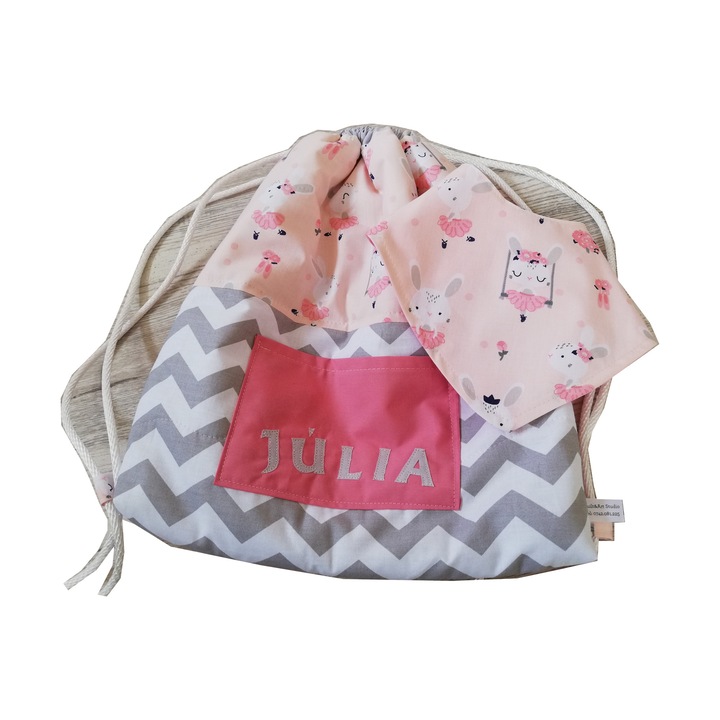 Rucsac copil personalizat cu bavetica,Model Iepuras balerina, 2 piese, 40x35 cm