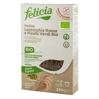 Stelute bio in 2 culori, din linte rosie si mazare verde, Felicia 250 g Stelute bio in 2 culori, din linte rosie si mazare verde, Felicia 250 g