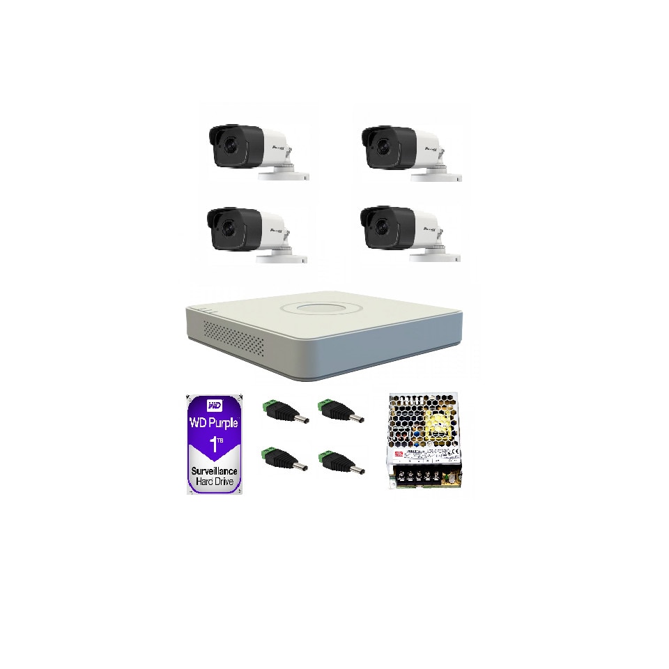 Kit HikVision 4 camere 2 MP cu IR 40 m cu accesorii de montaj si hard-disk