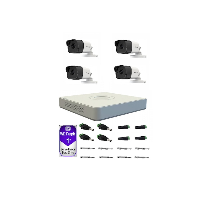 Kit supraveghere video Hikvision 5MP, cu 3 camere 5MP de exterior/interior si HDD 1 TB cu accesorii montaj MK543