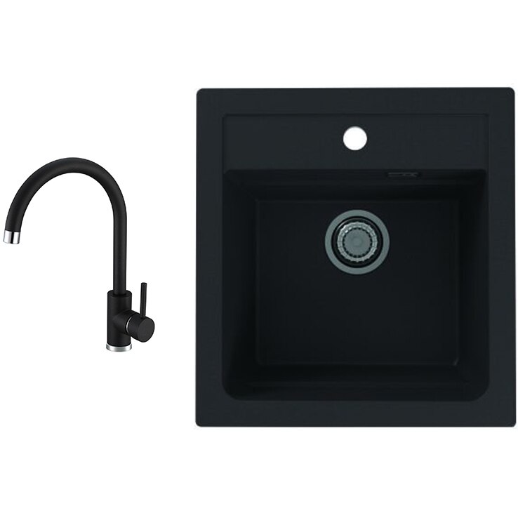 Pachet chiuveta Alveus Atrox 20, material compozit, reversibila, sifon pop-up inclus, 470x500x195mm + Baterie Kati, Negru